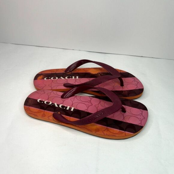 Coach Zack Multicolor Monogram Flip Flop Sandals Womens Comfy Pink Orange Stripe - Picture 2 of 10